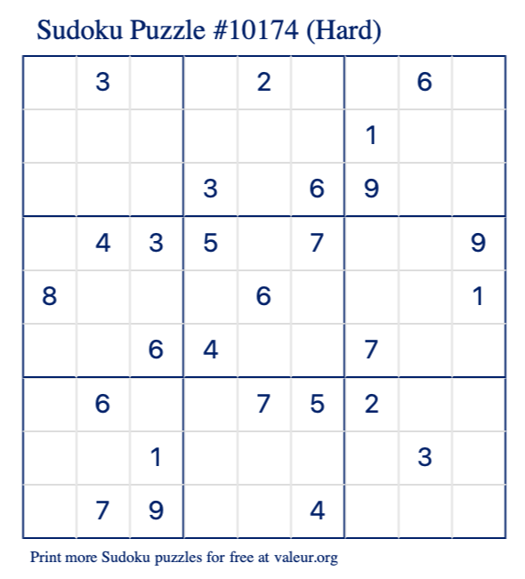 Free Printable Hard Sudoku Puzzle number 10174