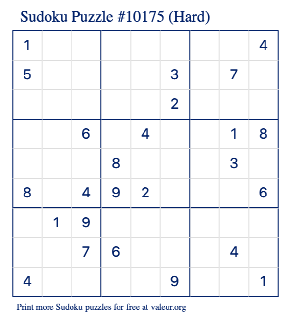 Free Printable Hard Sudoku Puzzle number 10175