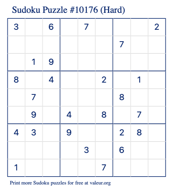 Free Printable Hard Sudoku Puzzle number 10176