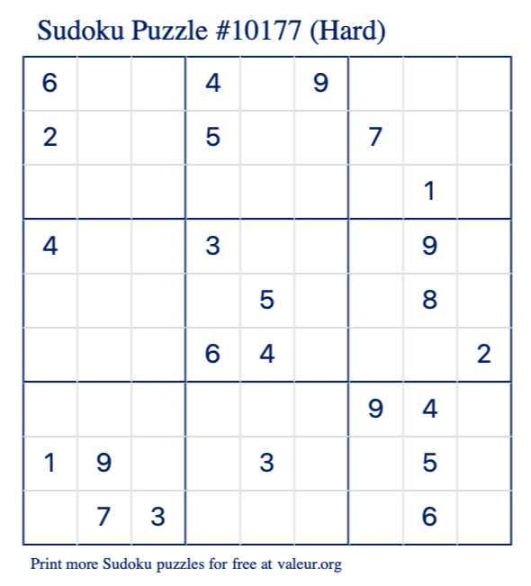 Free Printable Hard Sudoku Puzzle number 10177