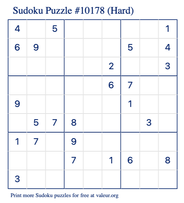 Free Printable Hard Sudoku Puzzle number 10178