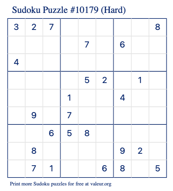 Free Printable Hard Sudoku Puzzle number 10179