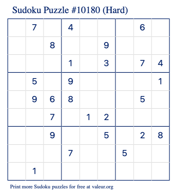 Free Printable Hard Sudoku Puzzle number 10180