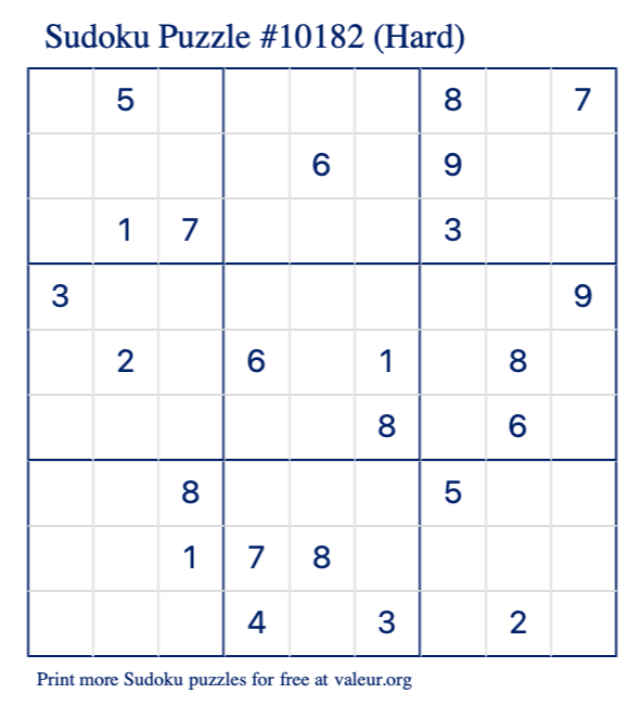 Free Printable Hard Sudoku Puzzle number 10182