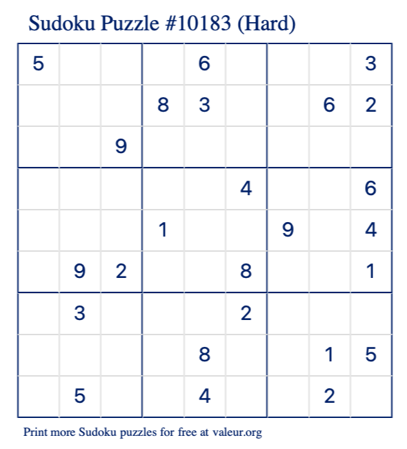 Free Printable Hard Sudoku Puzzle number 10183
