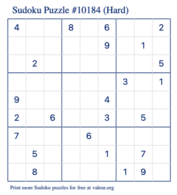 Free Printable Hard Sudoku Puzzle number 10184