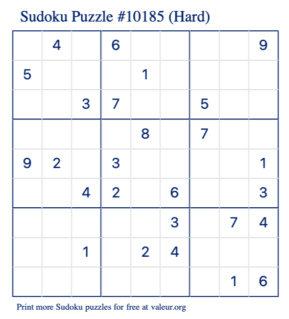 Free Printable Hard Sudoku Puzzle number 10185