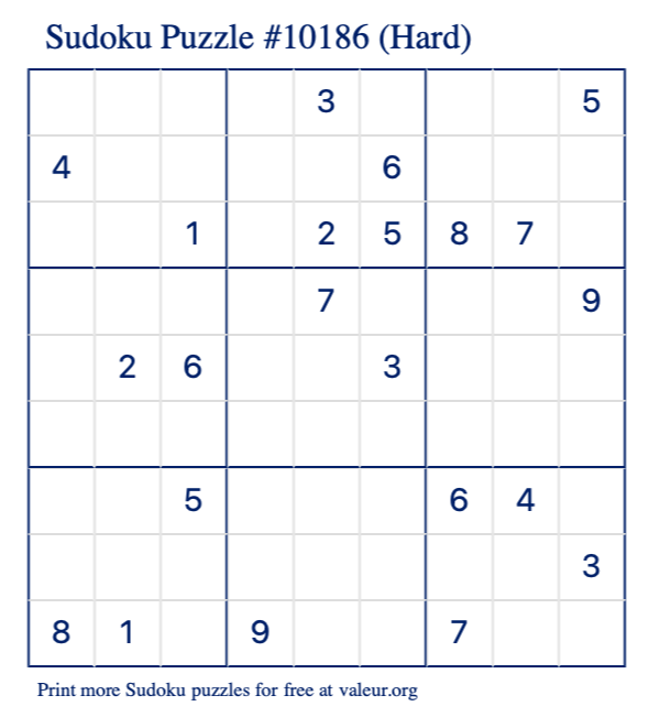 Free Printable Hard Sudoku Puzzle number 10186