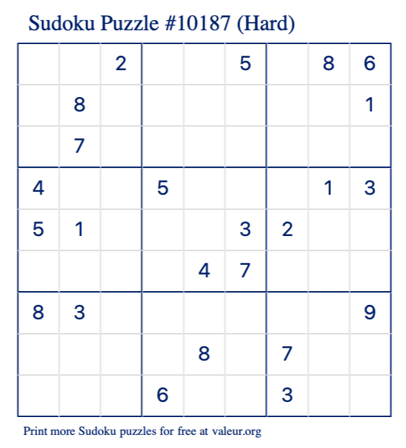 Free Printable Hard Sudoku Puzzle number 10187
