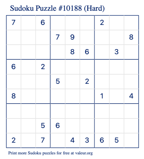 Free Printable Hard Sudoku Puzzle number 10188
