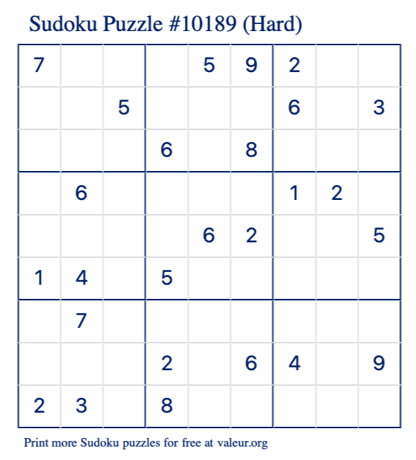 Free Printable Hard Sudoku Puzzle number 10189