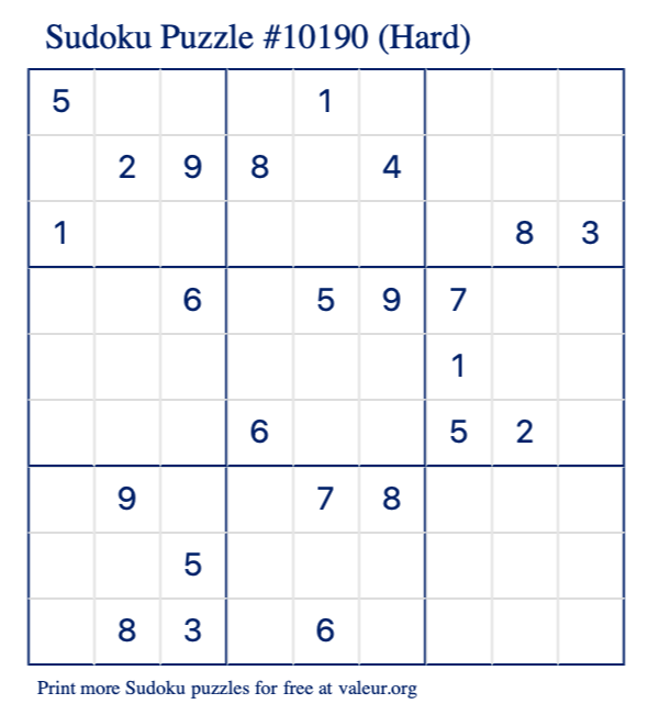 Free Printable Hard Sudoku Puzzle number 10190