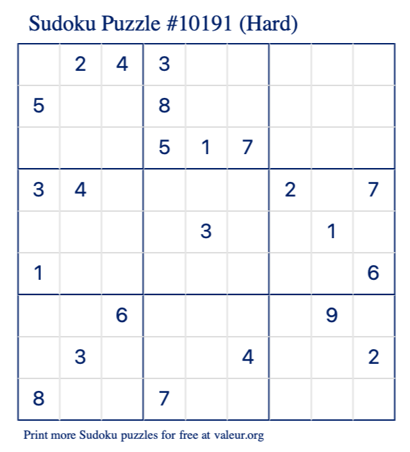 Free Printable Hard Sudoku Puzzle number 10191