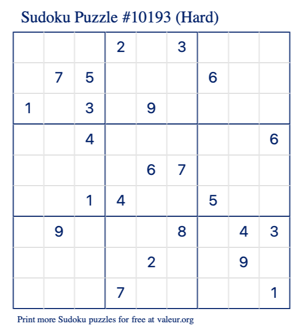 Free Printable Hard Sudoku Puzzle number 10193