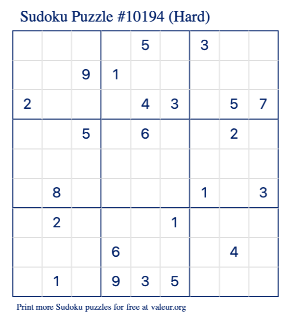 Free Printable Hard Sudoku Puzzle number 10194