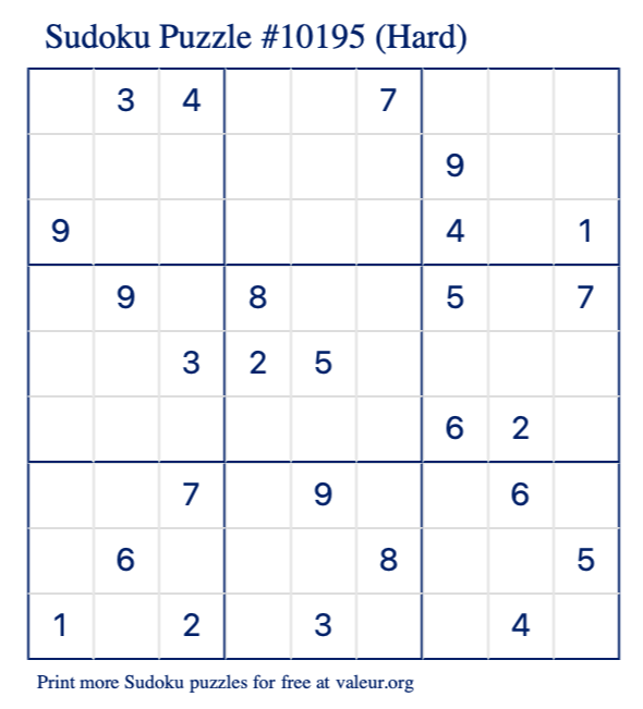 Free Printable Hard Sudoku Puzzle number 10195