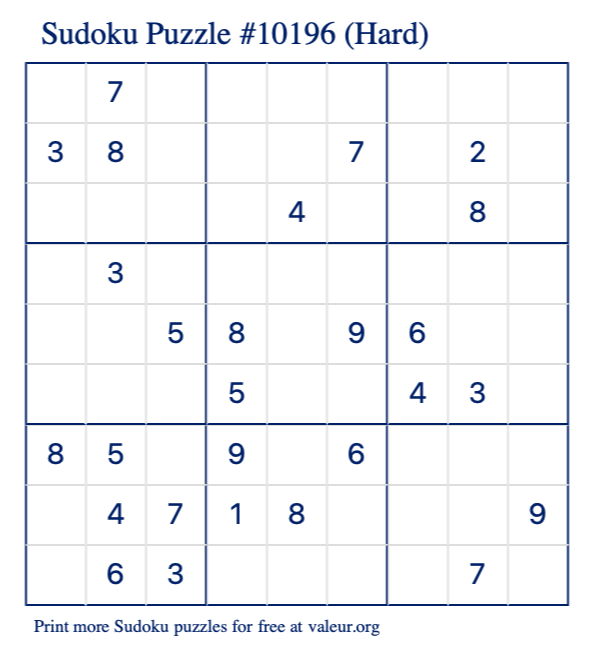 Free Printable Hard Sudoku Puzzle number 10196