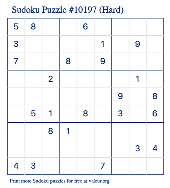 Free Printable Hard Sudoku Puzzle number 10197