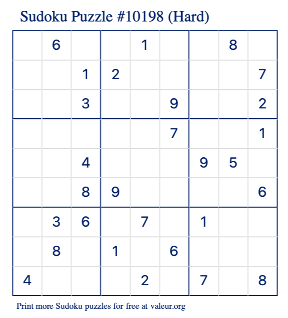 Free Printable Hard Sudoku Puzzle number 10198