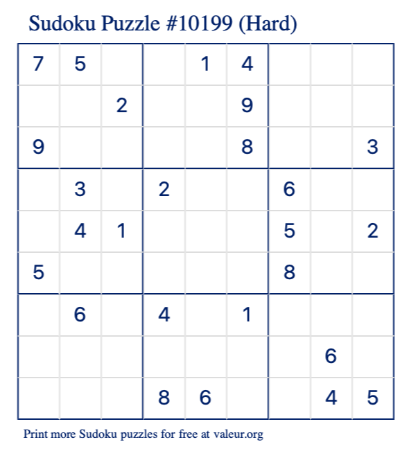 Free Printable Hard Sudoku Puzzle number 10199