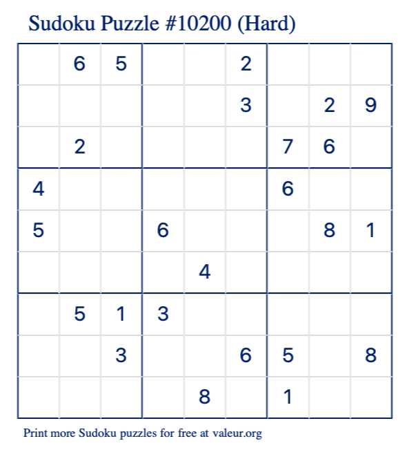 Free Printable Hard Sudoku Puzzle number 10200