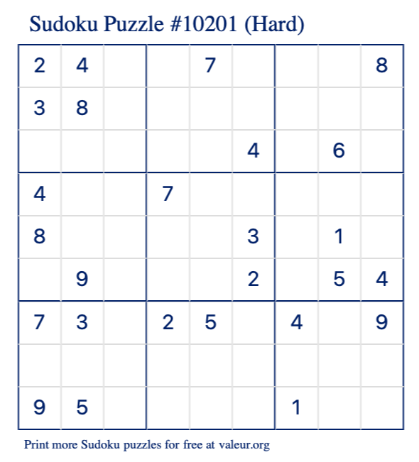 Free Printable Hard Sudoku Puzzle number 10201