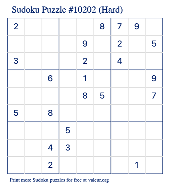 Free Printable Hard Sudoku Puzzle number 10202