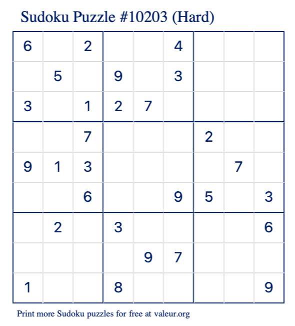 Free Printable Hard Sudoku Puzzle number 10203