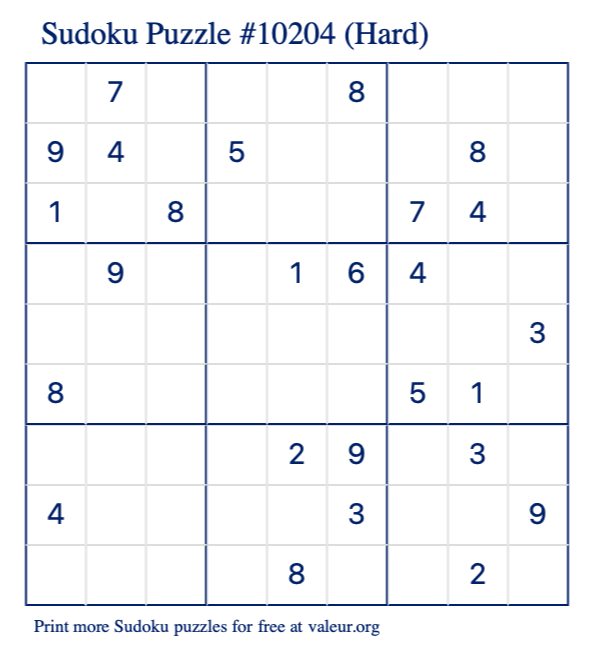 Free Printable Hard Sudoku Puzzle number 10204