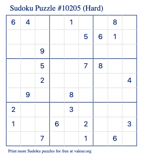 Free Printable Hard Sudoku Puzzle number 10205