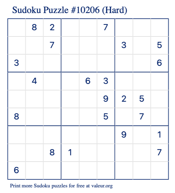 Free Printable Hard Sudoku Puzzle number 10206