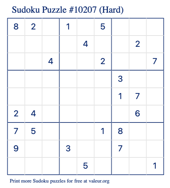 Free Printable Hard Sudoku Puzzle number 10207