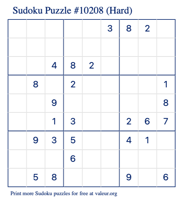 Free Printable Hard Sudoku Puzzle number 10208