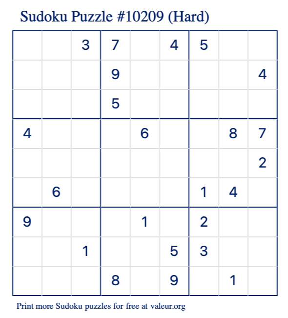 Free Printable Hard Sudoku Puzzle number 10209