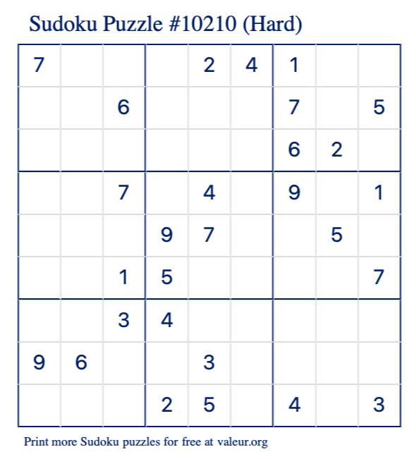 Free Printable Hard Sudoku Puzzle number 10210