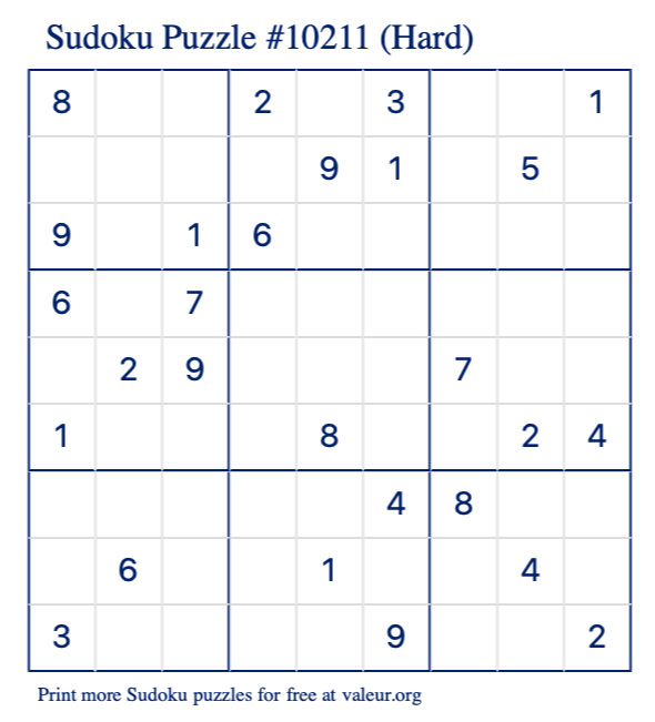 Free Printable Hard Sudoku Puzzle number 10211