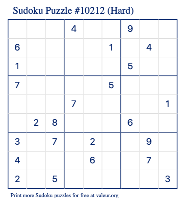 Free Printable Hard Sudoku Puzzle number 10212