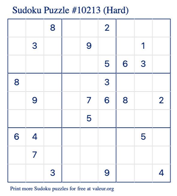 Free Printable Hard Sudoku Puzzle number 10213