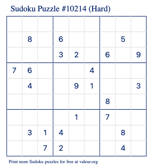 Free Printable Hard Sudoku Puzzle number 10214