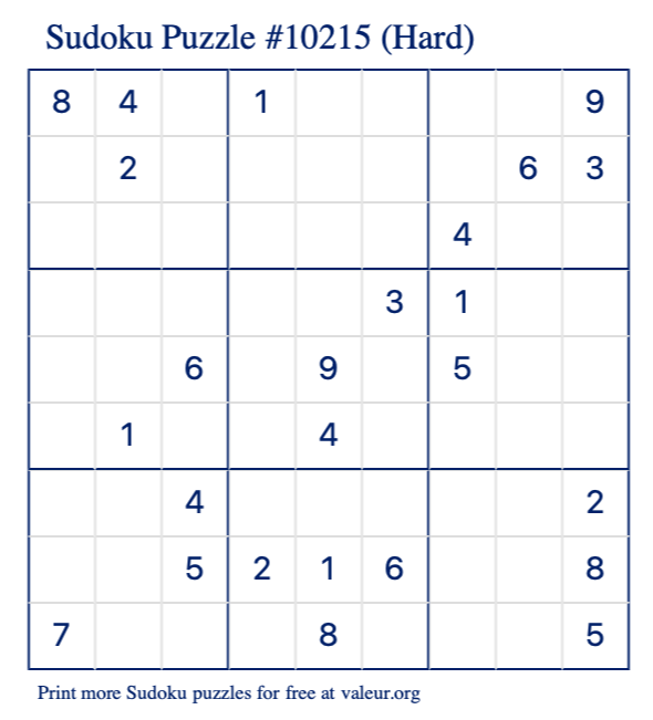 Free Printable Hard Sudoku Puzzle number 10215