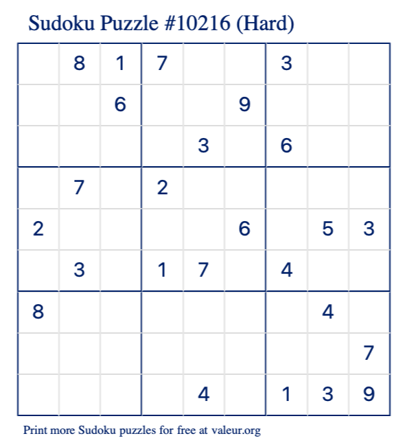 Free Printable Hard Sudoku Puzzle number 10216