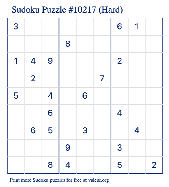 Free Printable Hard Sudoku Puzzle number 10217