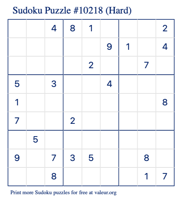 Free Printable Hard Sudoku Puzzle number 10218