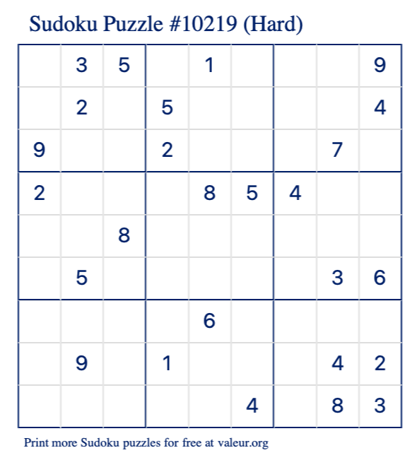 Free Printable Hard Sudoku Puzzle number 10219