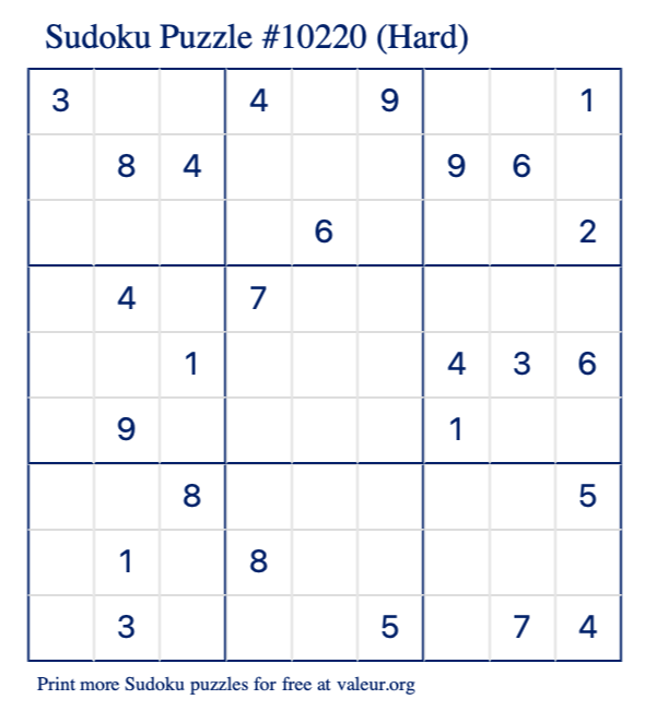 Free Printable Hard Sudoku Puzzle number 10220