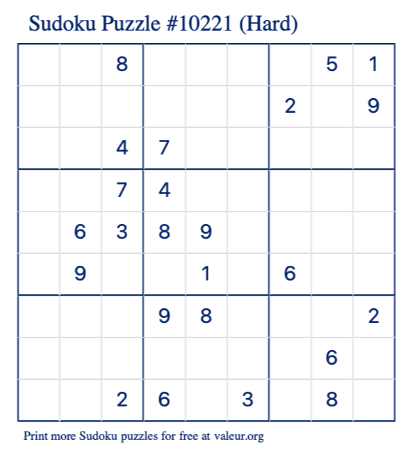 Free Printable Hard Sudoku Puzzle number 10221
