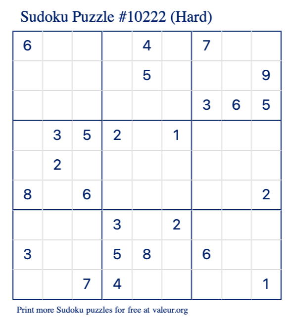 Free Printable Hard Sudoku Puzzle number 10222