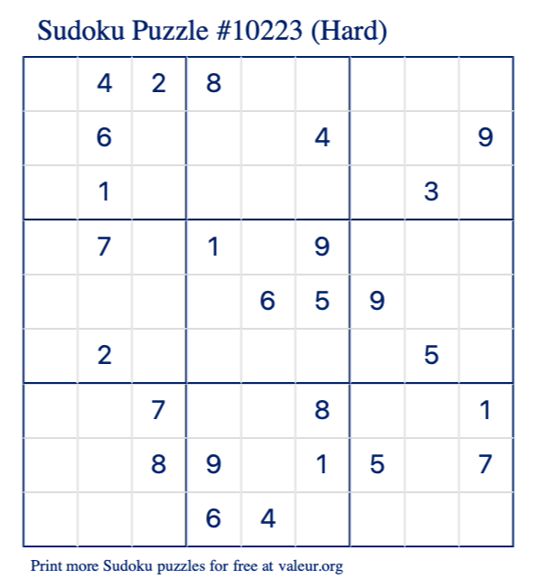 Free Printable Hard Sudoku Puzzle number 10223