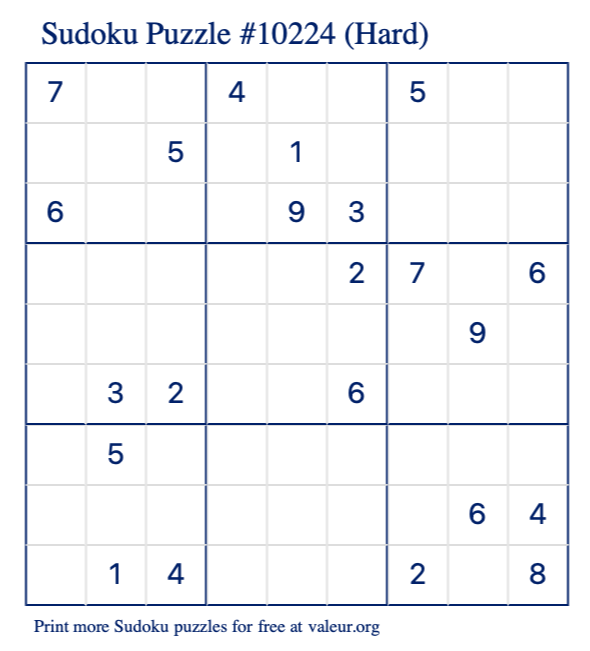Free Printable Hard Sudoku Puzzle number 10224