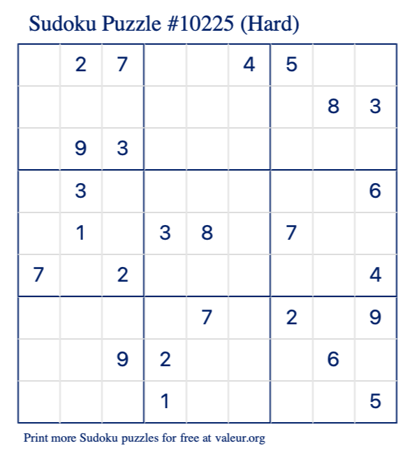 Free Printable Hard Sudoku Puzzle number 10225